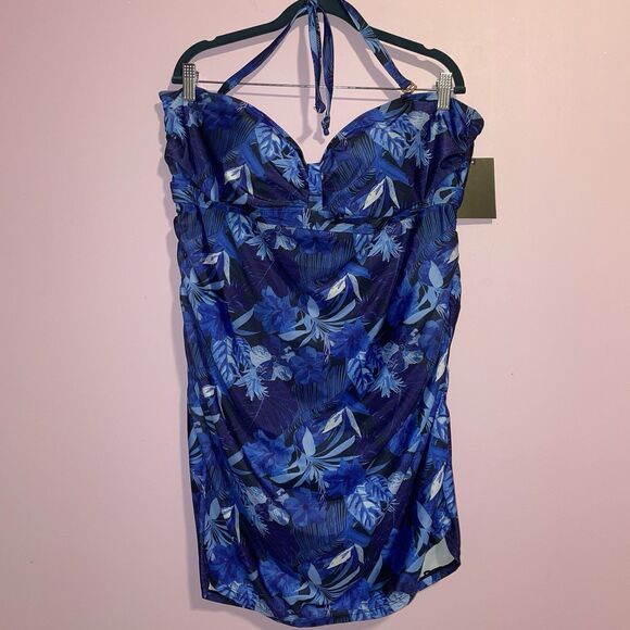 NEW Simply Fit Swim Dress Women 3X Blue Floral One Piece Swimsuit - Picture 1 of 7
